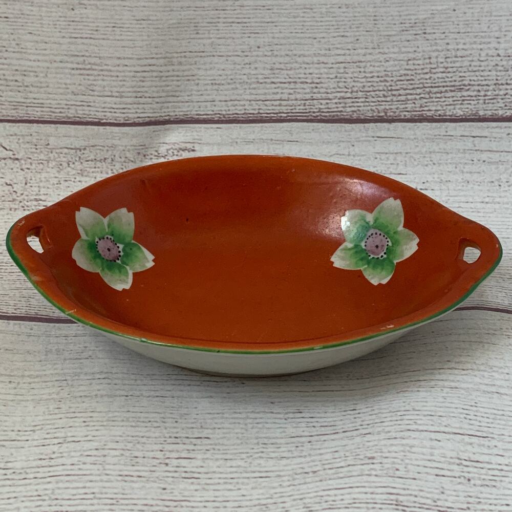 Vintage Hand Painted Red Lotus Flower Oval Japanese Bowl Serving Dish Handles